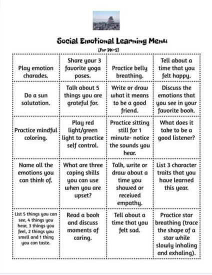 Social Emotional Learning Menu PK-2
